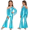 thumbnail image 6 of TiaoBug Girls Metallic One Shoulder Flared Jumpsuit 70s Disco Dance Outfit Kids Pageant Party Formal Romper Light Blue 10, 6 of 7