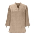 thumbnail image 3 of V-Neck Linen Tops for Women Summer 3/4 Sleeve Pullover T-Shirt Fashion Casual Solid Color Outfits,Beige,S, 3 of 7