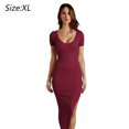 thumbnail image 2 of Vestido largo de tubo con escote en V profundo y abertura lateral burdeos para mujer Vestido largo de noche de manga corta con abertura Adepaton BST3005872-4, 2 of 6