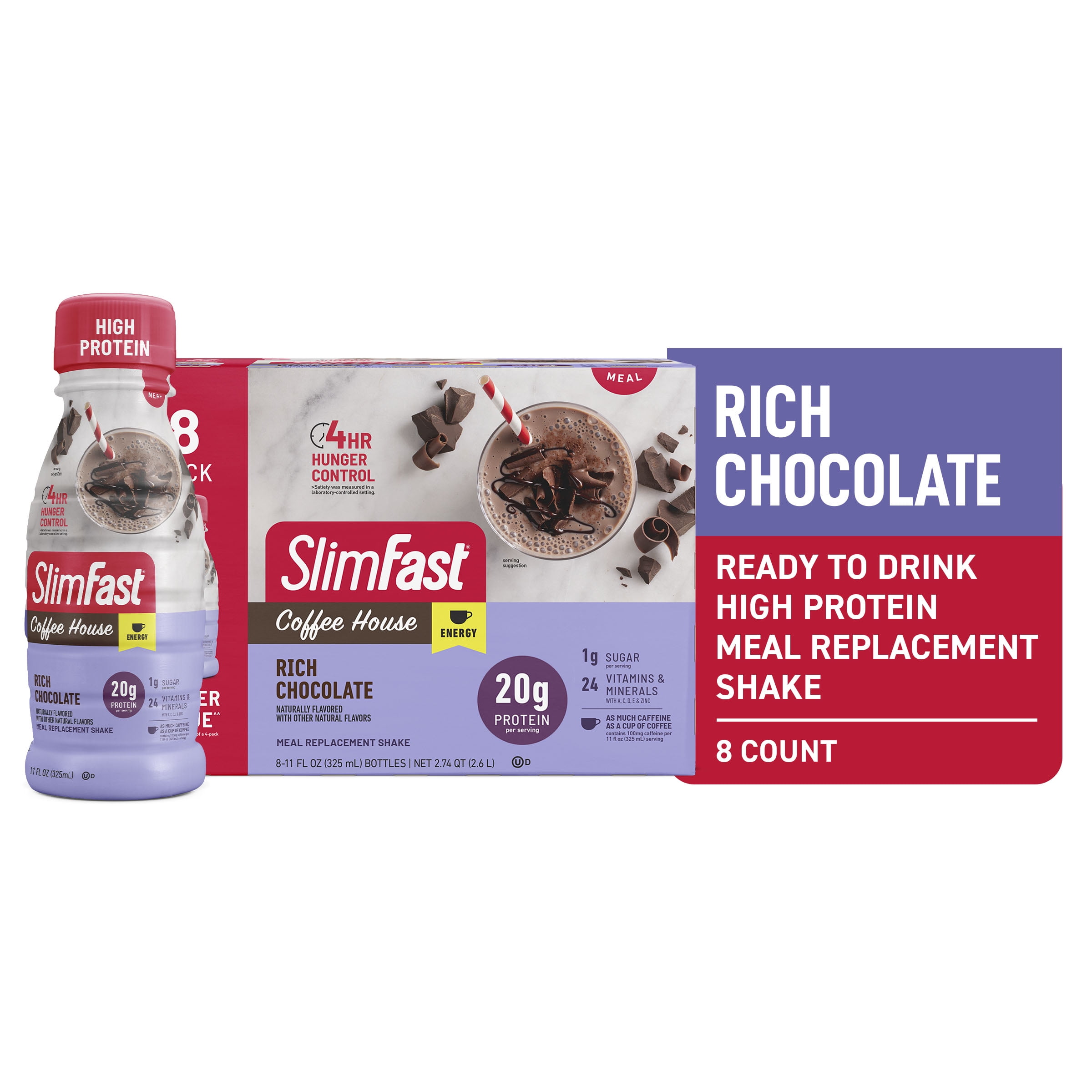 (3 pack) SlimFast Meal Replacement Energy High Protein Shake, Rich Chocolate, 11 fl oz Bottle, 8 Pack