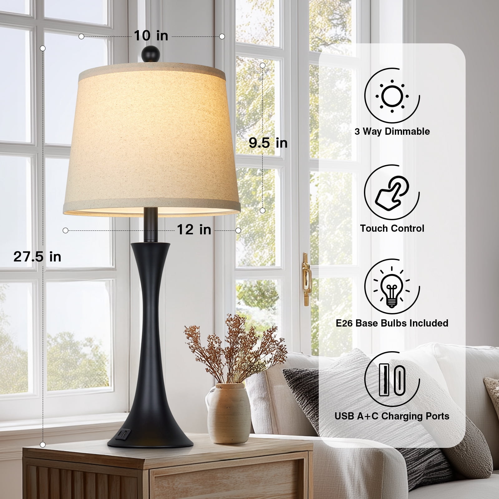 Cinkeda Table Lamp Set of 2,Farmhouse Bedside Classic Metal Table Lamp for Living Room Bedroom,LED Bulbs Included