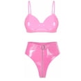 thumbnail image 3 of Conjunto de lencería íntima sexy para mujer, de charol con aspecto mojado, sujetador sin aros y braguitas con cremallera frontal de corte alto, 3 of 5