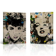 Buy4Wall Audrey Hepburn Canvas Wall Art Printing and Marilyn Monroe Newspaper Style 'Two Panel Set' Pink and Blue Home Decor Artwork - Ready to Hang-%100 Handmade in The USA - 40" x 30" x (2 Panel)