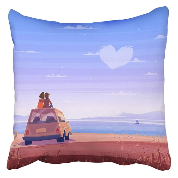 ECCOT Couple Two Happy Lovers Sitting on The Roof of Car and Look at Sea Modern Retro Flat Pillowcase Pillow Cover 16x16 inch