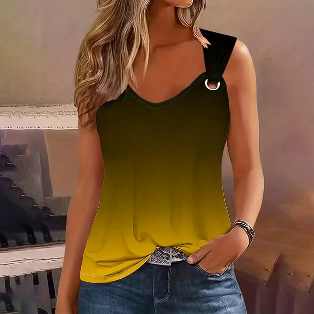 JMKQLZ Ladies' And Fashionable Casual Printed Suspender Metal Round Neck Top