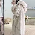 thumbnail image 4 of Wyongtao Women's Fleece Robe Soft Kimono Spa Knitted Ribbed Long Bathrobe Elastic Pocket Loungewear Knee Length Robes,Beige XL, 4 of 4