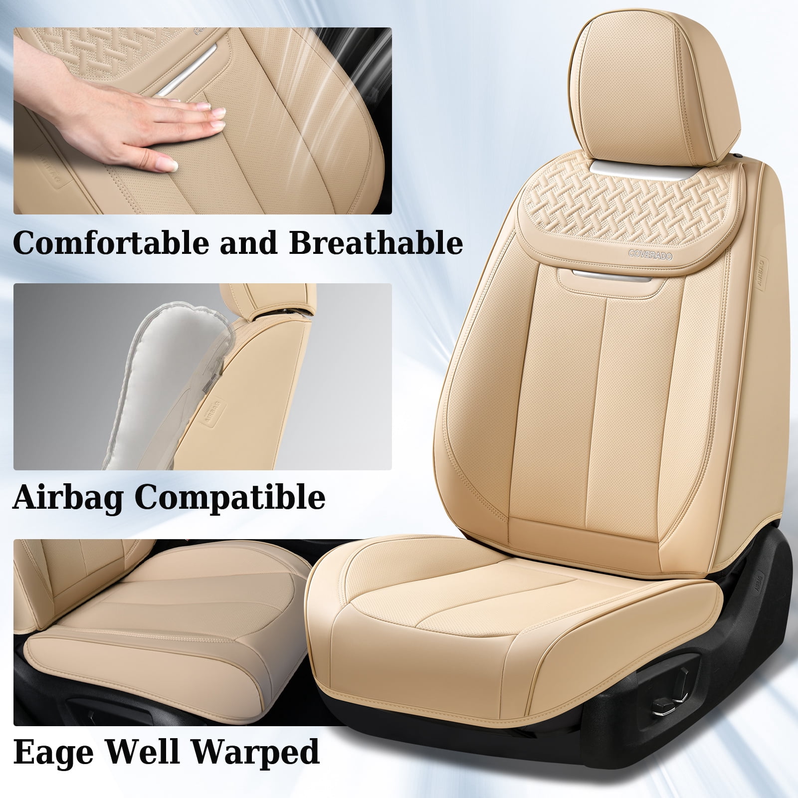 Coverado Car Seat Covers Full Set, Luxury Leather Front and Back Seat Protectors, Automotive Interior Cushions Universal Fit Most Cars, Beige