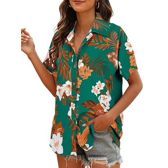 Capreze Women Hawaiian Button Down Blouse Floral Tropic Print Shirts Beach Tunic Short Sleeve Tops