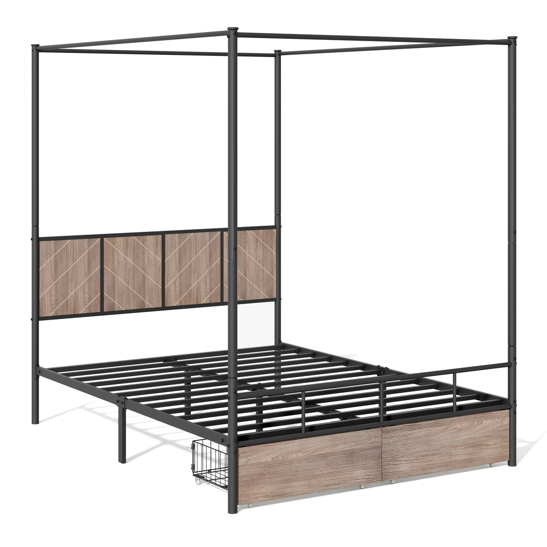 Queen Size Canopy Bed Frame, HSUNNS 2 Storage Drawers Platform Bed Frame with Footboard and Wooden Headboard, Removable Canopy, Under-Bed Storage, Noise Free, Easy Assembly, Black+Brown