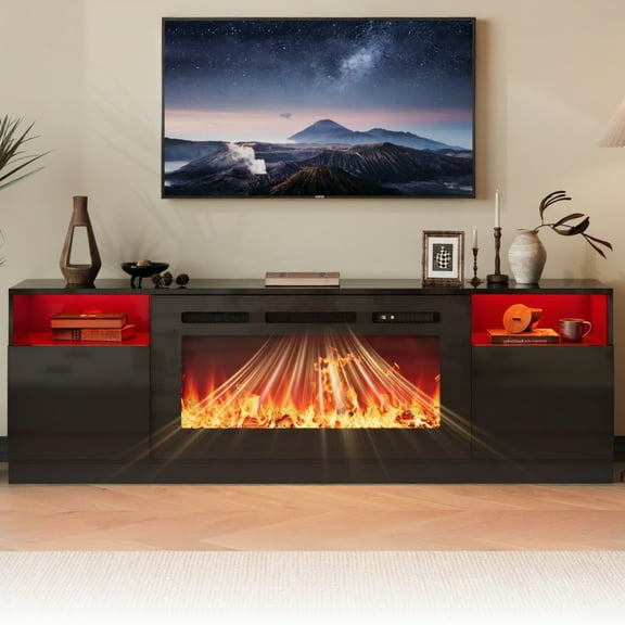 Garvee 70" Electric Fireplace TV Stand with Remote, TV Cabinet W/Storage and 12 Flame Colors for TVs up to 80 inch, Black