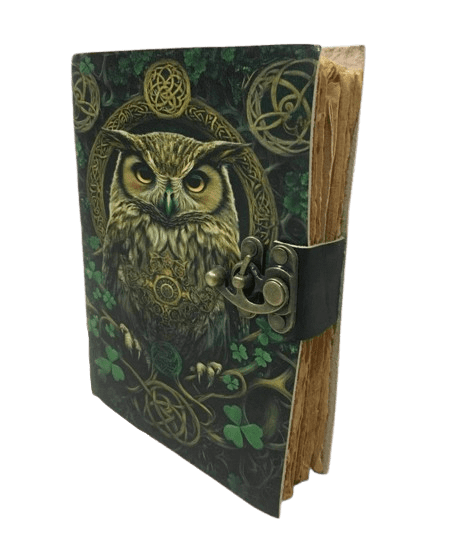 Handmade Leather Journal with Celtic Owl Artwork – 5x7 Inch Vintage Deckle Paper Notebook, 200 Pages