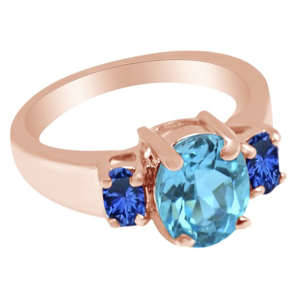 AFFY Simulated Blue Topaz & Simulated Blue Sapphire Three Stone Ring in 14k Rose Gold Over sterling Silver Size Ring - 4