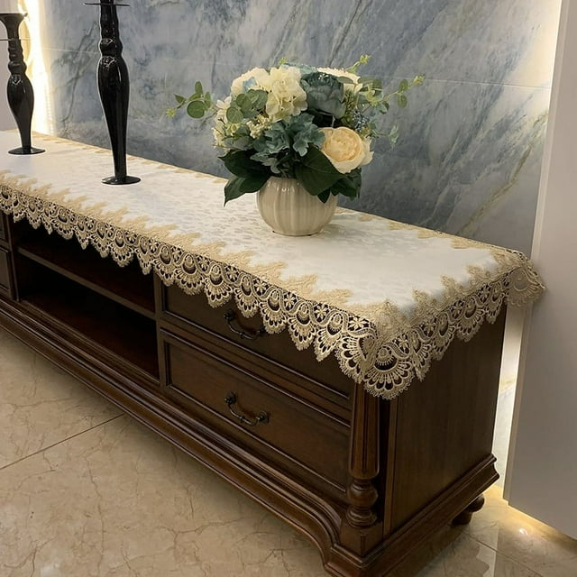 CHUANK Rectangular Lace Table Runner Doilies Table Dresser Scarf Table Cover for TV Cabinet Dining Room Wedding Holiday Party Table Decor