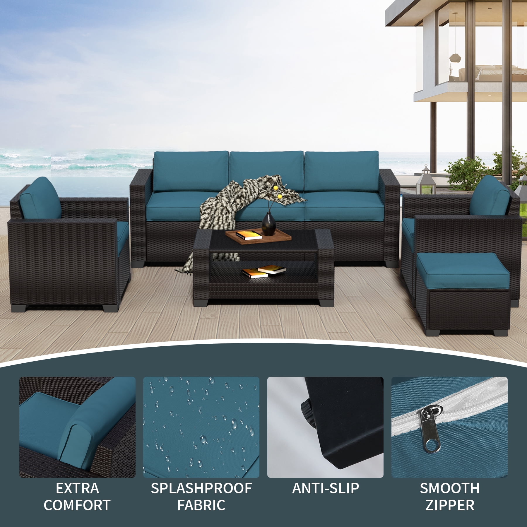 7-Piece Waterproof Outdoor Patio Furniture Set, PE Wicker Rattan Sectional Sofa with Replaceable Cushions & Coffee Table, Modern Patio Conversation Set for Porch, Balcony, Backyard (Peacock Blue)