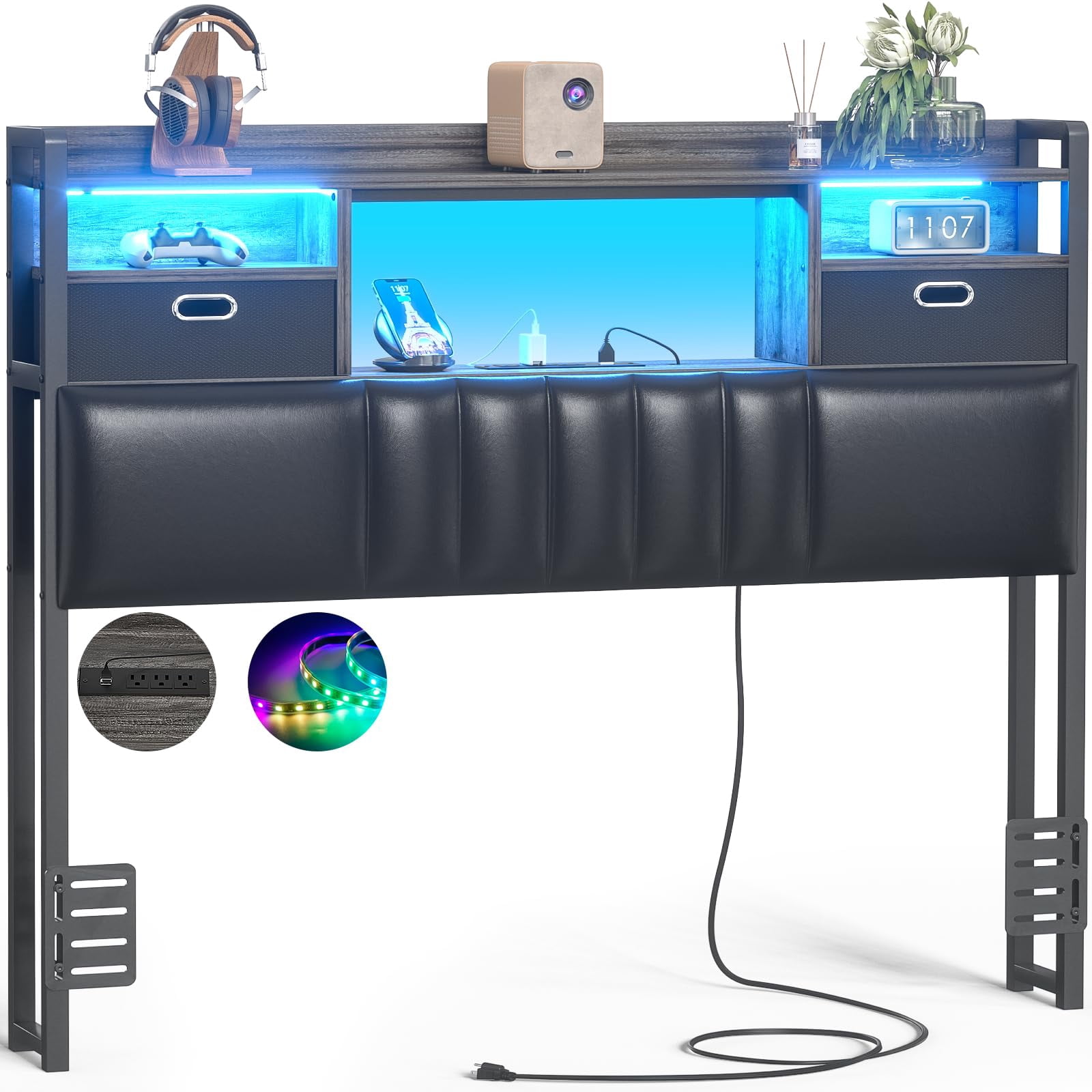 Aheaplus Twin Headboard with Drawer Storage and RGB LED Light, Twin Size Upholstered Headboard with Charging Station and Bookcase, for Bedroom/Dorm Room/Guest Room, Black Oak