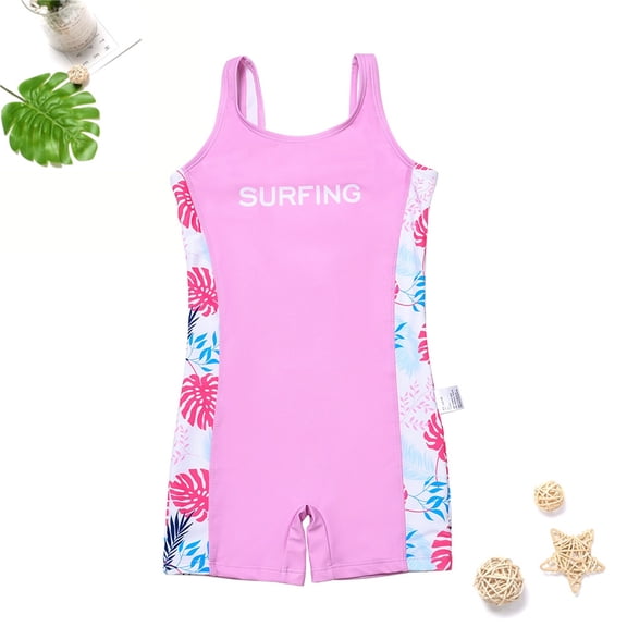 Girls One Piece Swimsuits Tropical Leaf Print Spaghetti Strap Boy Shorts Surf Casual Swimsuit Size 3-4Y