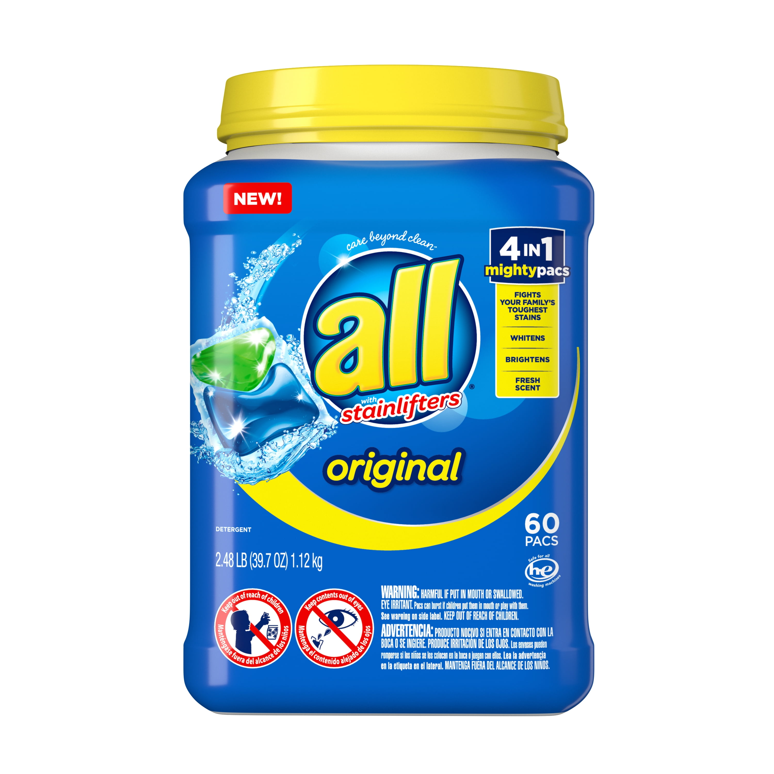 all Mighty Pacs Laundry Detergent, 4 in 1 Stainlifter, Tub, 60 Count