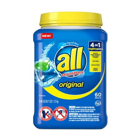 all Mighty Pacs Laundry Detergent, 4in1 Stainlifter, Tub, 60