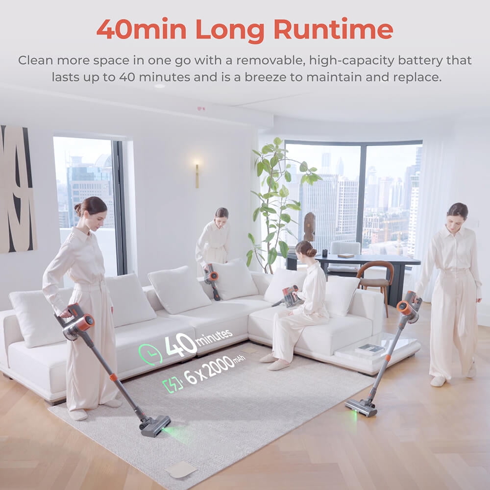 Cordless Vacuum Cleaner – 23KPa Suction, 40min Runtime, 2 Work Modes, Telescopic Metal Tube, & LED Headlight JIGOO C200