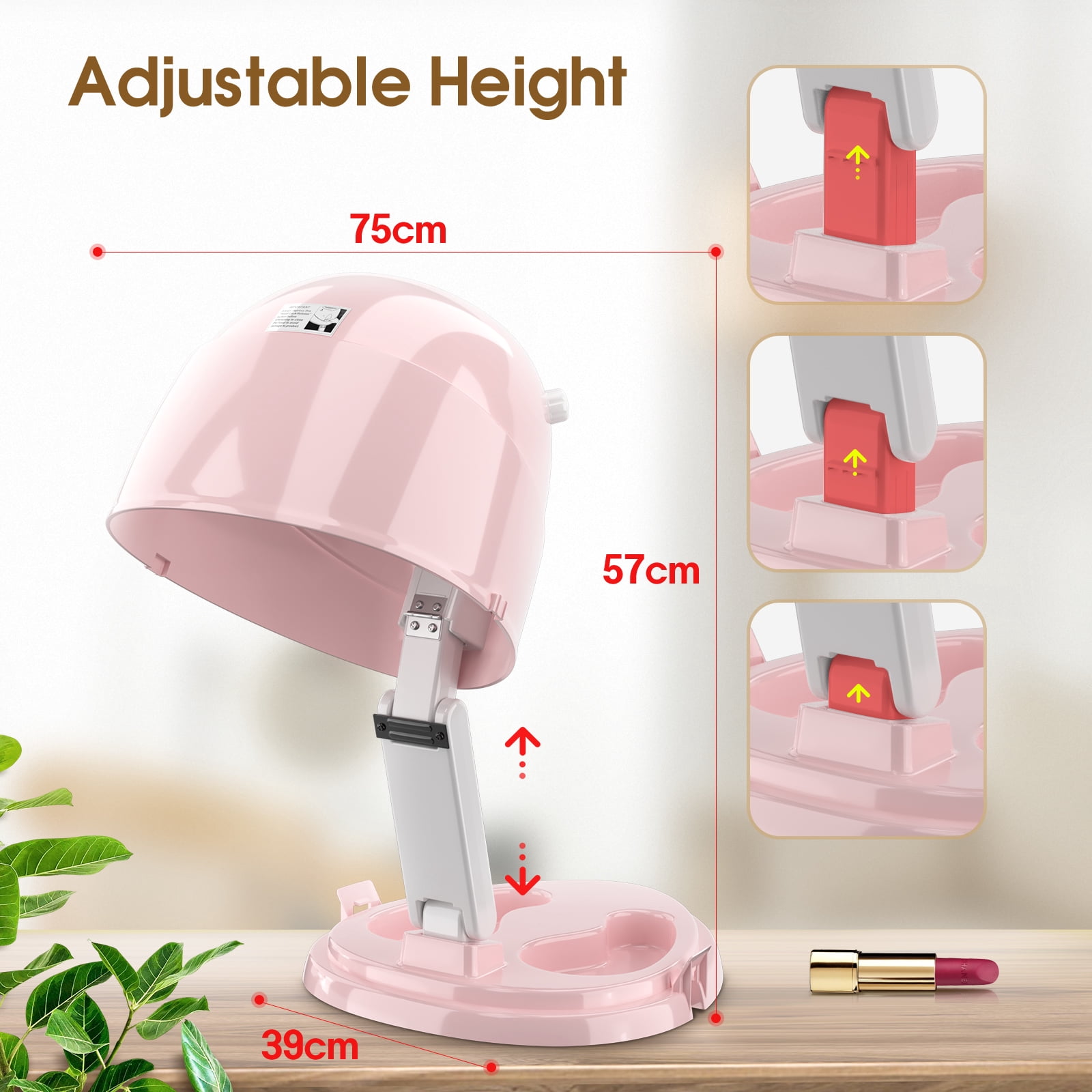 Deep Beauty Ionic Hooded Hair Dryer, 1875W Bonnet, 3 Heating Settings, Sit Under for Home and Salon, Portable & Collapsible, Height Adjustable (Pink)