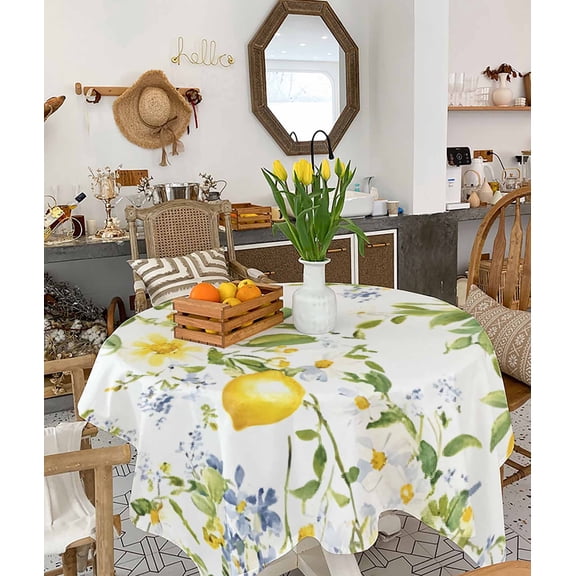 Summer Lemon Tablecloth Square Table Cloth 54x54, Waterproof Tablecloth Outdoor Table Cloth, Watercolor Yellow Spring Floral Botanical Washable Table Cover for Kitchen Dining Party