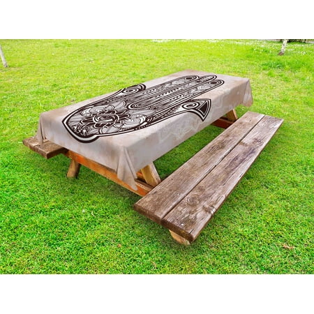 

Hamsa Outdoor Tablecloth Eastern Asian Culture Esoteric Good Luck Charm with Round Mandala Decorative Washable Fabric Picnic Tablecloth 58 X 120 Inches Cinnamon Dark Brown White by Ambesonne
