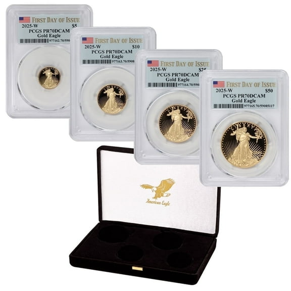 2025-W Set of 4 American Gold Eagle Proof Coins PR-70 Deep Cameo First Day of Issue Flag Label w/ U.S. Mint Box and Certificate of Authenticity $50 $25 $10 $5 PCGS PR70DCAM