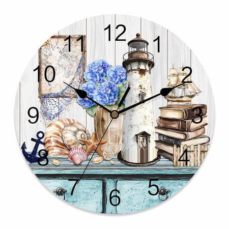 12 Inch Vintage Lighthouse Wall Clock, Anchor Book Map Hydrangea Starfish Shell Battery Operated Silent Non Ticking Clocks, Easy to Read Round Wall Clock for Kitchen/Living Room/Bedroom/Bathroom