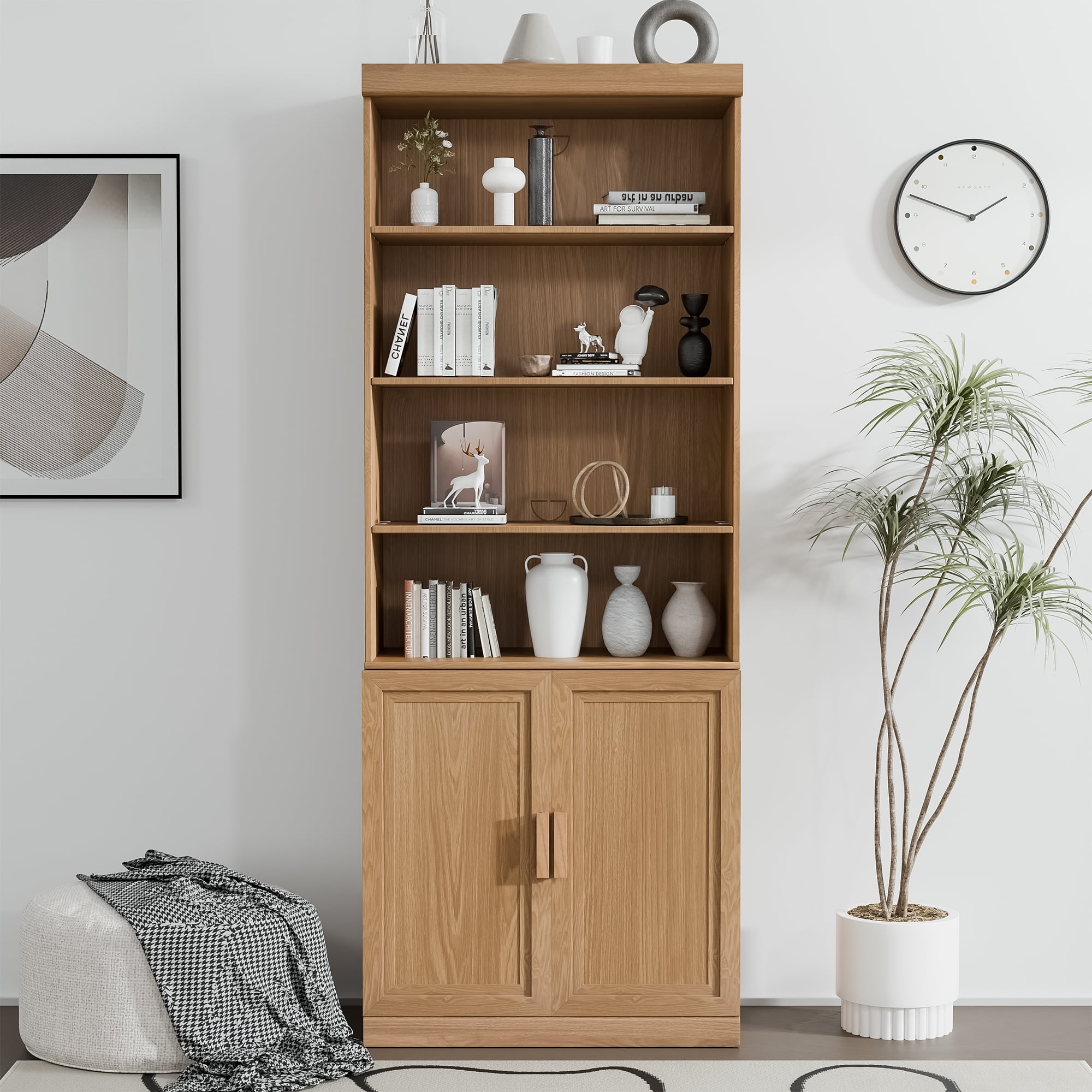 MAYEERTY 49*31*16" Modern Natural Wood Grain Storage Cabinet for Living Room, Doorless Bookcase