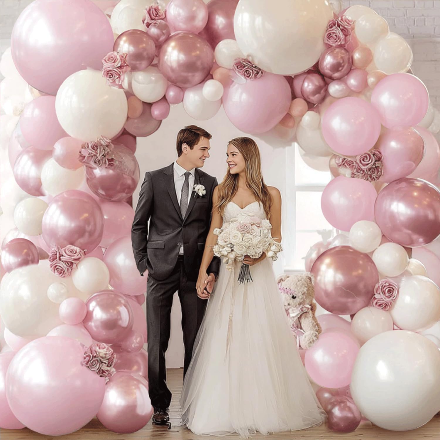 Pink and White Balloons Arch Kit,Double Stuffed Pearl Light Pink Metallic Pink Balloon Sand White Beige Ivory Balloons Garland for Birthday Wedding Valentine's Day Bridal Shower Party Decor