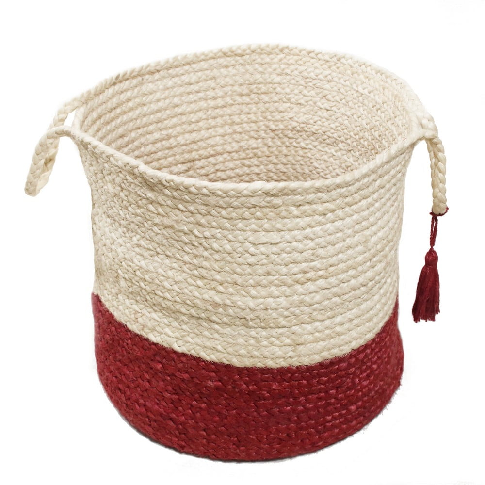 LR Home Woven Round Jute 19" Storage Basket with Handles, Red/White Stripe
