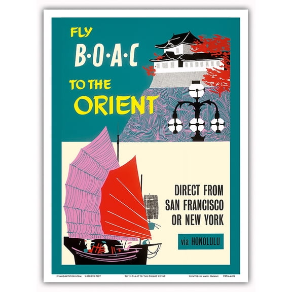 Fly BOAC to the Orient - Direct from San Francisco or New York via Honolulu - BOAC - Vintage Airline Travel Poster c.1960 - Master Art Print (Unframed) 9in x 12in