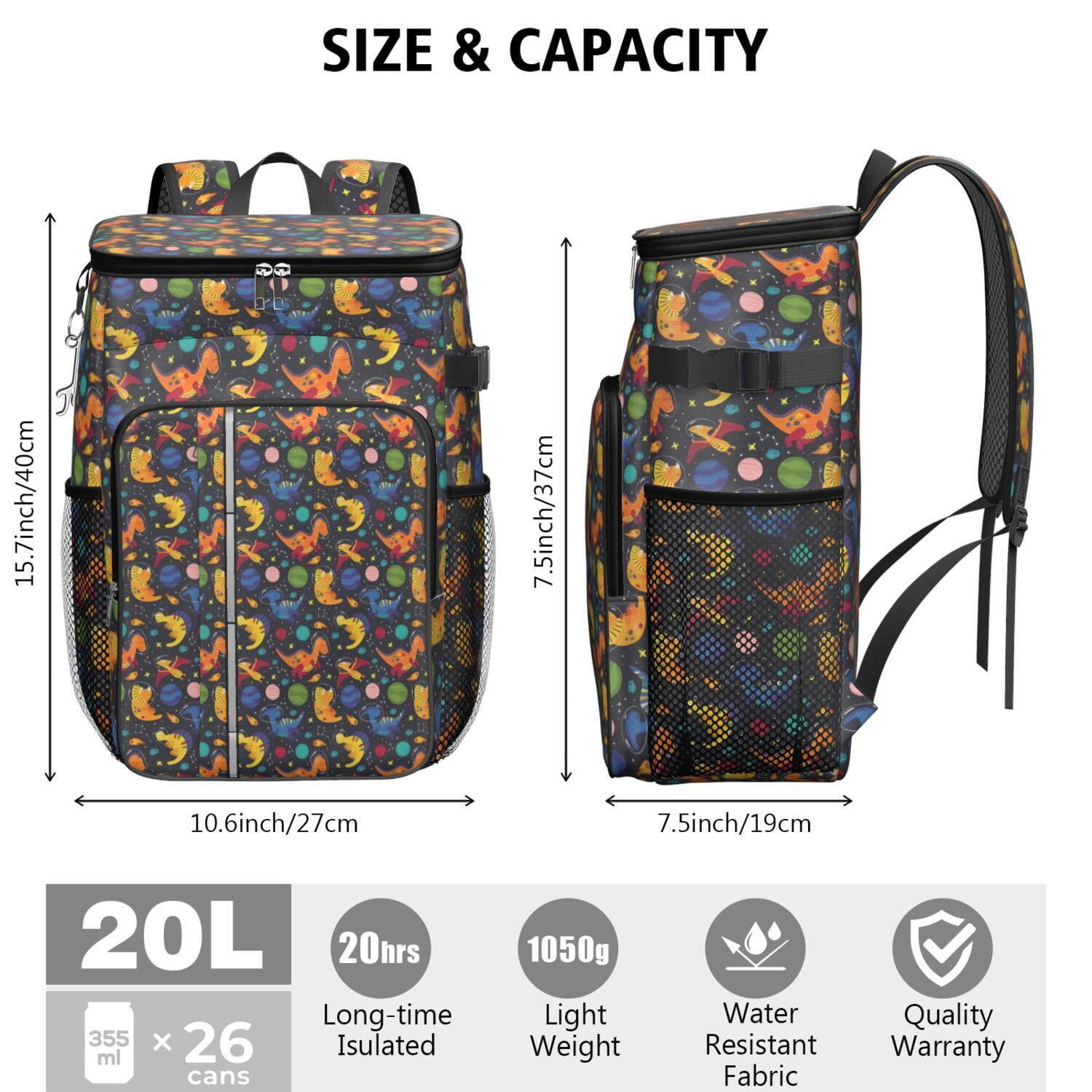 Travel Cooler Bag - Colorful Dinosaurs Astronauts Planets Pattern Camping Beer Cooler Backpack with Bottle Opener- Waterproof Insulated Picnic Backpacks - Cooler Bag for Beach