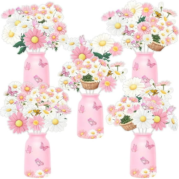 24 Pieces Daisy Flower Birthday Decorations, Daisy Butterfly Centerpiece Sticks for Tables, Pink Daisy Table Toppers for Girls, Boho Groovy Theme Birthday Baby Shower Party Supplies
