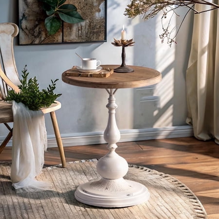 YUIlili Vintage Round Side Table Living Room, Rustic French Country End Table, Farmhouse Round Table Cedar Wood Accent Table for Bedroom, Entryway, Home Decor White