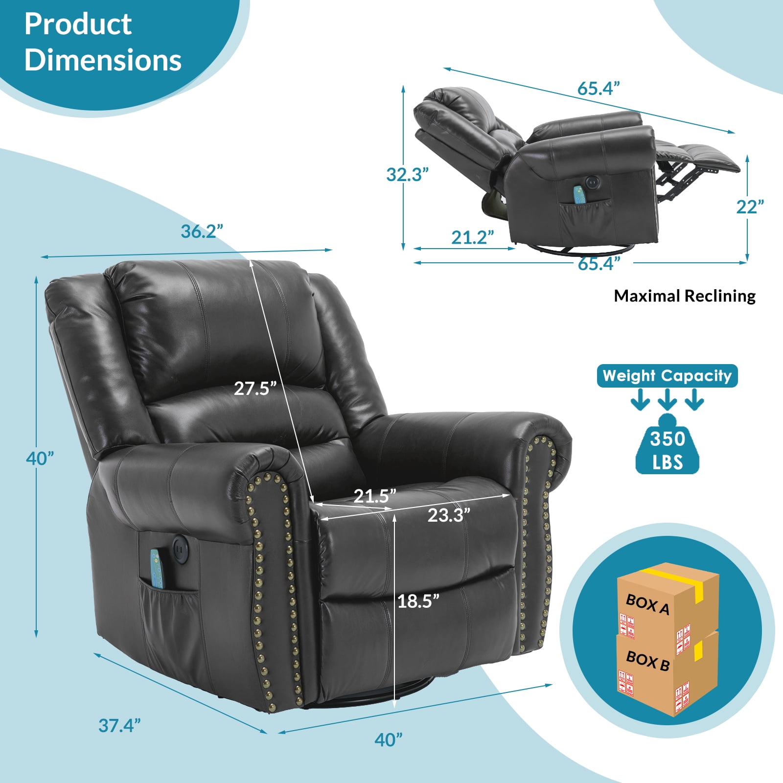 OUINCH Manual 360 Degree Swivel Glider Rocker Recliner Chair with Massage and Heat, USB Ports and 2 Side Pockets, Faux Leather, Grey