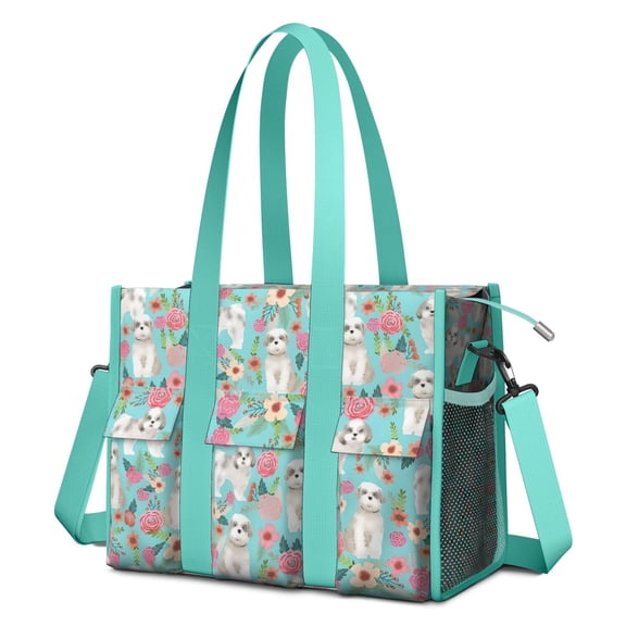 Teacher Tote Bag,Bichon Dog Blue Florals Teacher Utility Tote Bag,Large Work Tote Bags for Women with Multiple Pockets,Top Zipper Closure,13.8x10.6x6.7 Inch