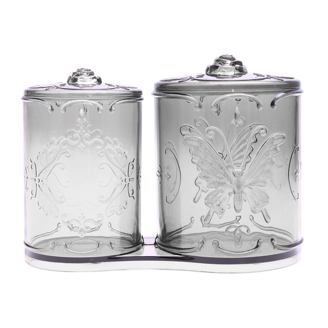 GOOHOCHY Estuche transparente vintage para cosméticos, dispensador de hisopos, contenedor redondo de acrílico, soporte para lápiz de cejas, tijeras, peines, tarro organizador de maquillaje con 2