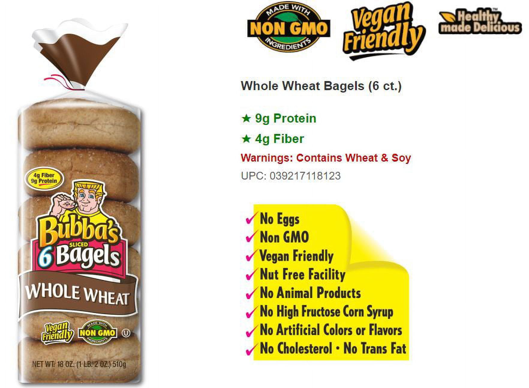 Bubba's 100% Whole Wheat Sliced Bagels, 6 Ct, 18 Oz