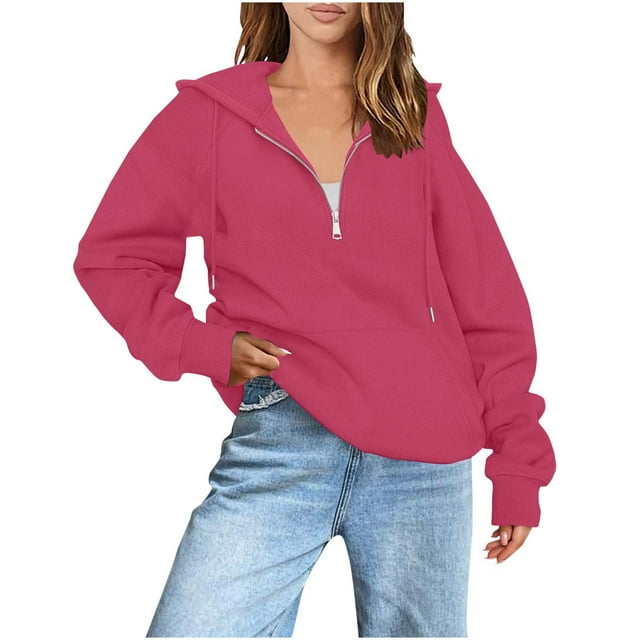 Dealovy Quarter Zip Front Hoodies for Women Solid Color Raglan Sleeve Loose Fitting Hooded Sweatshirt with Pocket