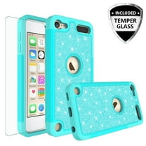 Apple iPod Touch 5/6/7 Generation Case Cover w/ [Temper Glass Screen Protector] Glitter Bling Silicone Hard Phone Case New for iPod Touch - Teal