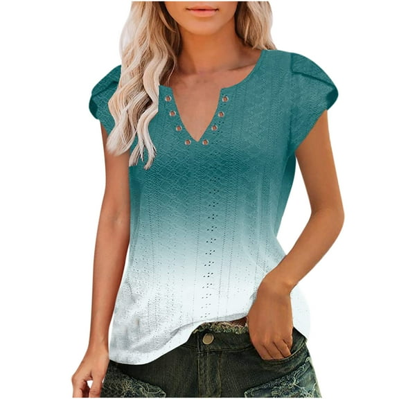Petal Sleeve Tops for Women Ring Hole V Neck Eyelet T Shirts Summer Casual Comfy Tshirts Gradient Tunic Tops Blouses