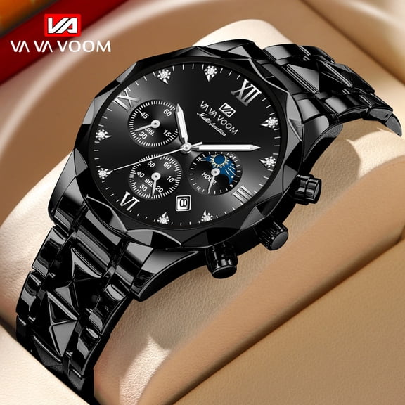 Men's Watch Dual Calendar Week Movement Rivet Stainless Steel Bracelet with Diamonds Men's Simple Quartz Watch Waterproof Fashion Business Wristwatch