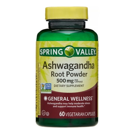 Spring Valley Ashwagandha Root Powder General Wellness Dietary Supplement Vegetarian Capsules  500 mg  60 Count