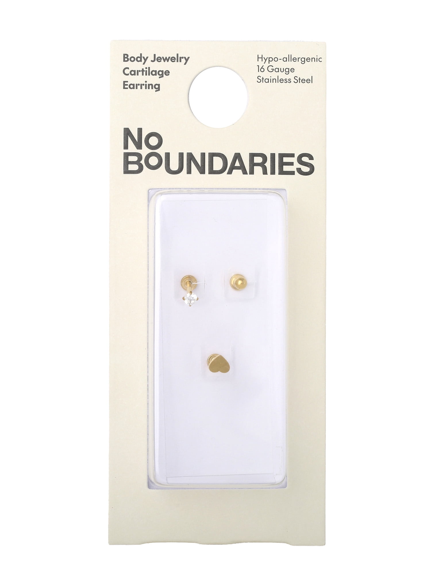 No Boundaries Women's 16G Cartilage Gold-Tone Yellow Plated Heart Stud Pack, 3-Piece Set