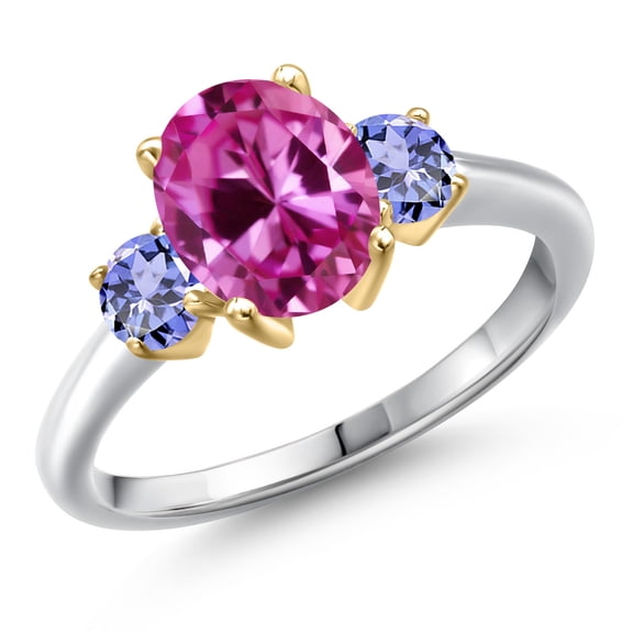 Gem Stone King 10K Two Tone Gold Pink Created Sapphire and Blue Tanzanite Engagement Ring for Women | 1.60 Cttw | Oval 9X7MM | Gemstone September Birthstone | Size 7