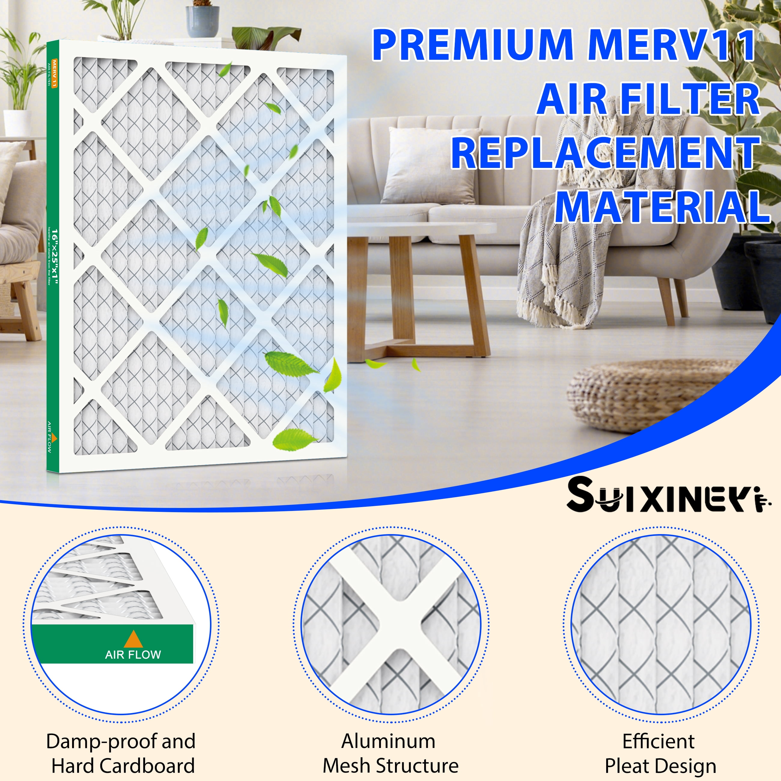 SUIXINEYI MERV11 16x25x1 AC Furnace HVAC Air Filter With Pleated Design in Non-Woven Fabric Air Conditioner for Home