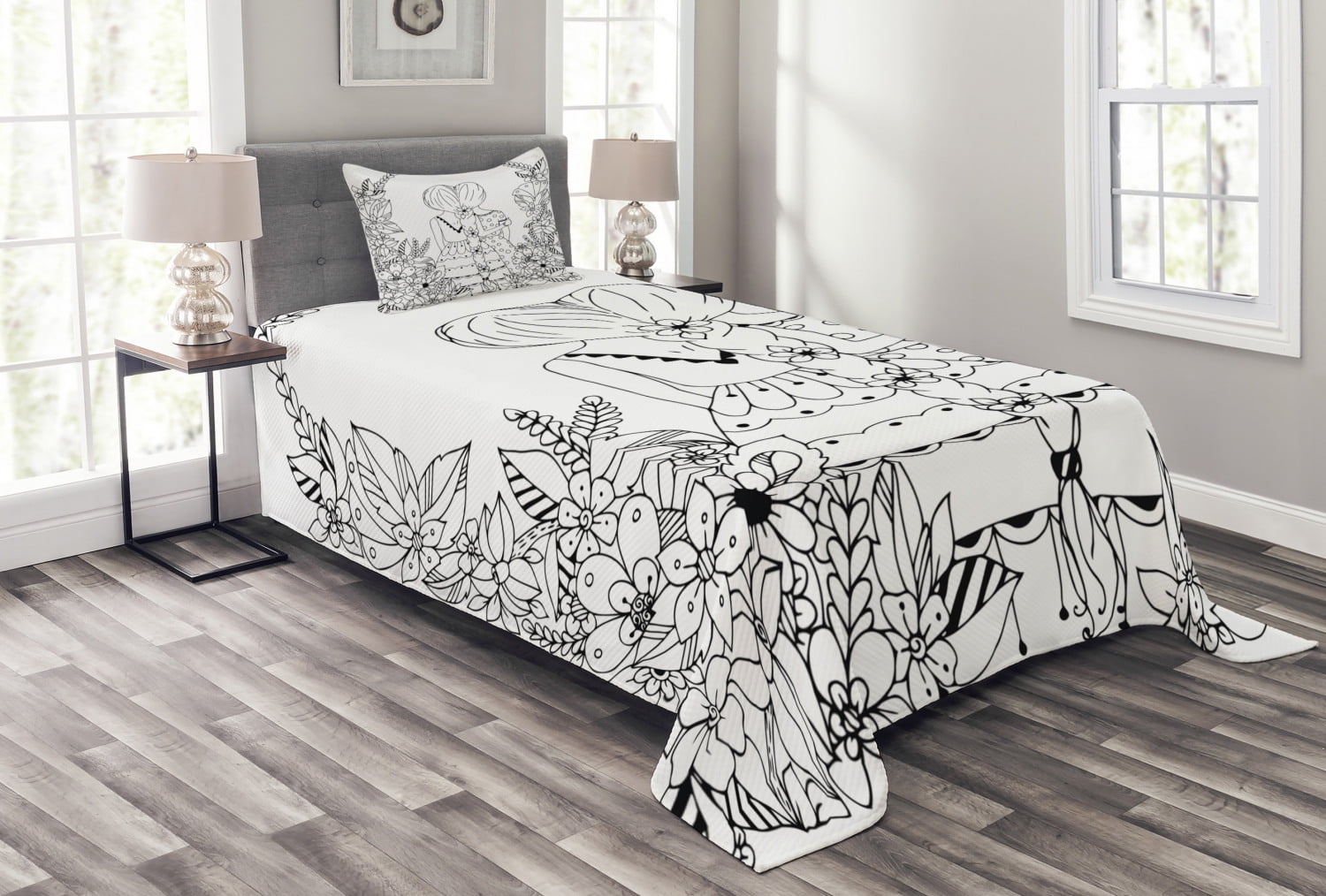 Doodle Bedspread Set Twin Size, Girlfriends with Conjoined Ponytails