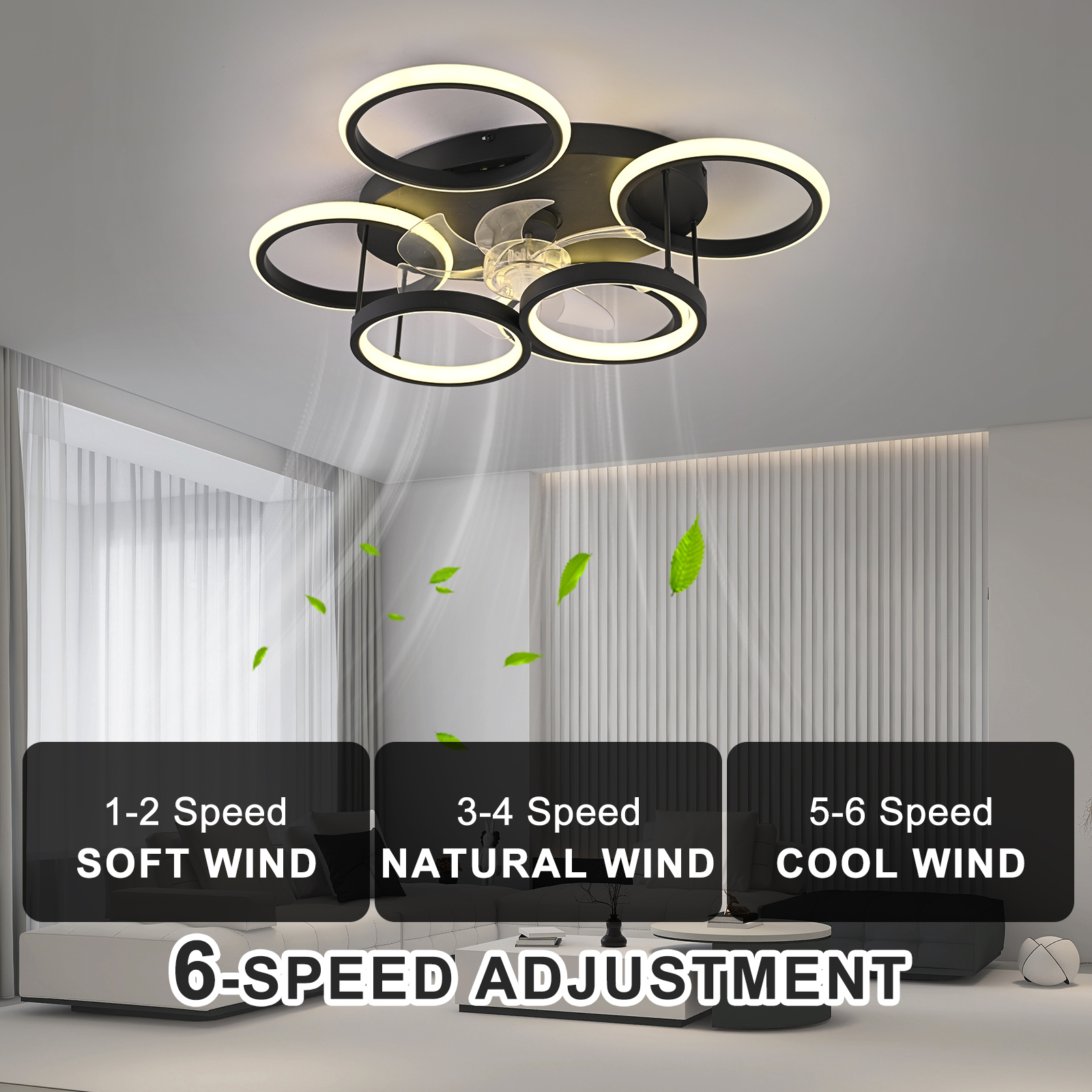Garwarm Ceiling Fans with Lights, Modern Ceiling Fan with Lights Remote Control, Low Profile Ceiling Fan, 6 Speed Dimmable LED Ceiling Lamp for Bedroom, Kitchen, Black