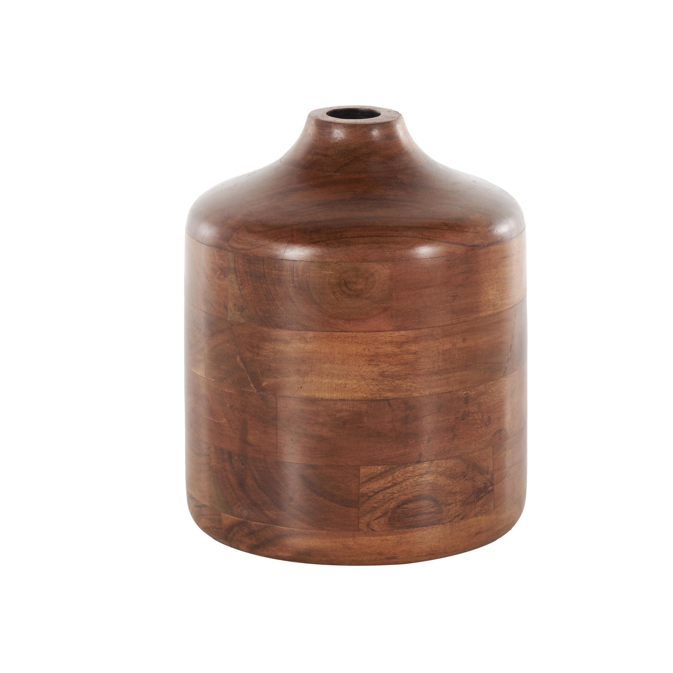 DecMode 9" Brown Wood Vase with Mosaic Strips and Natural Wood Grains